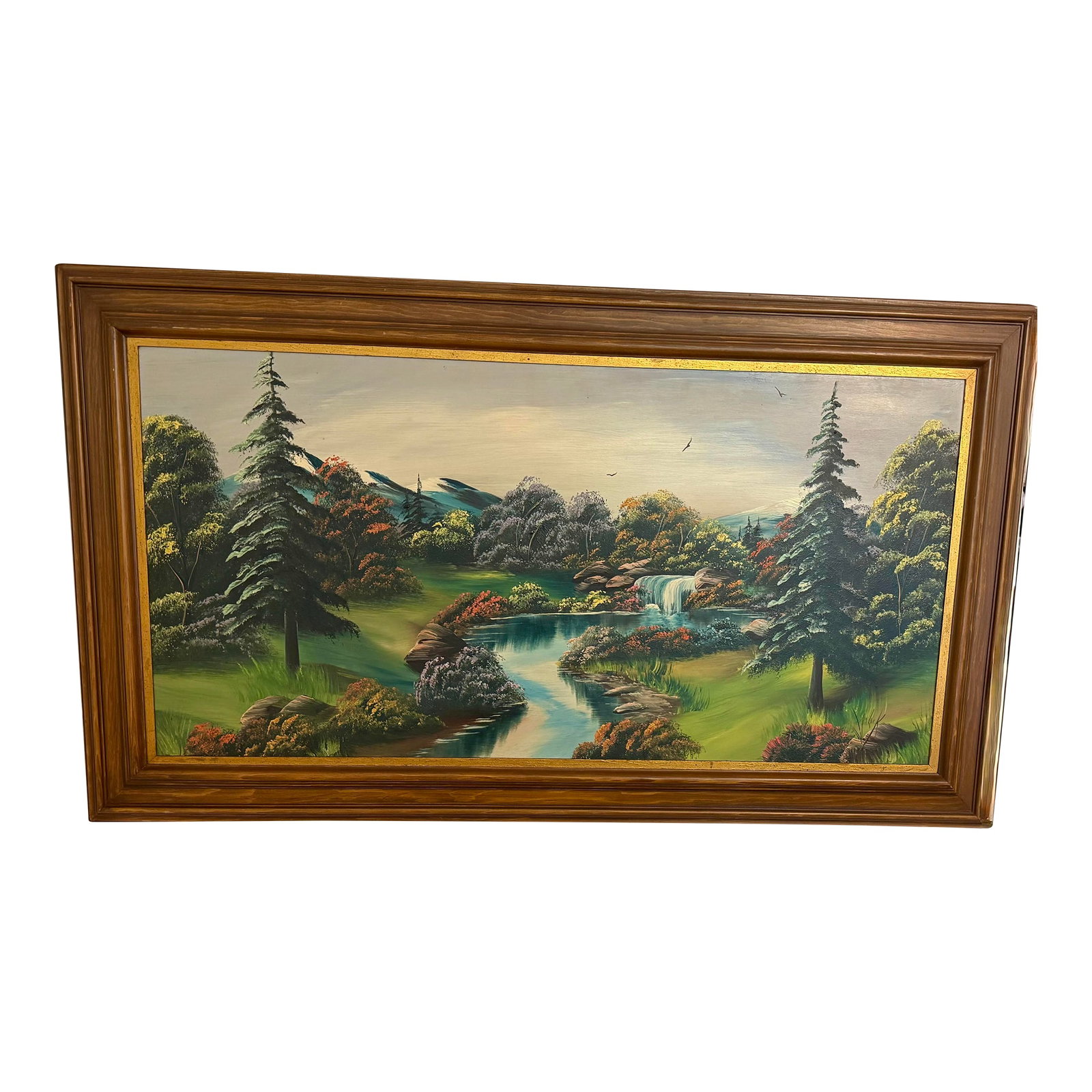 1960s Large Original Oil Painting by Mamie Sherlock: This original oil painting by Mamie Sherlock and signed M Lock features rich textured brushstrokes, indicating a thick application of oil paint (impasto technique) on a board. The deep browns