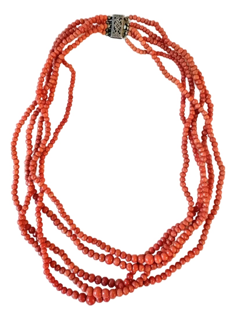 Vintage Coral Multi-Strand Beaded Necklace With Sterling Silver Clasp: Stunning vintage Coral multi-strand necklace with sterling silver clasp. Length: 17" Condition: Imperfections: No Imperfections Condition Notes: Excellent condition Origin: United States Materials