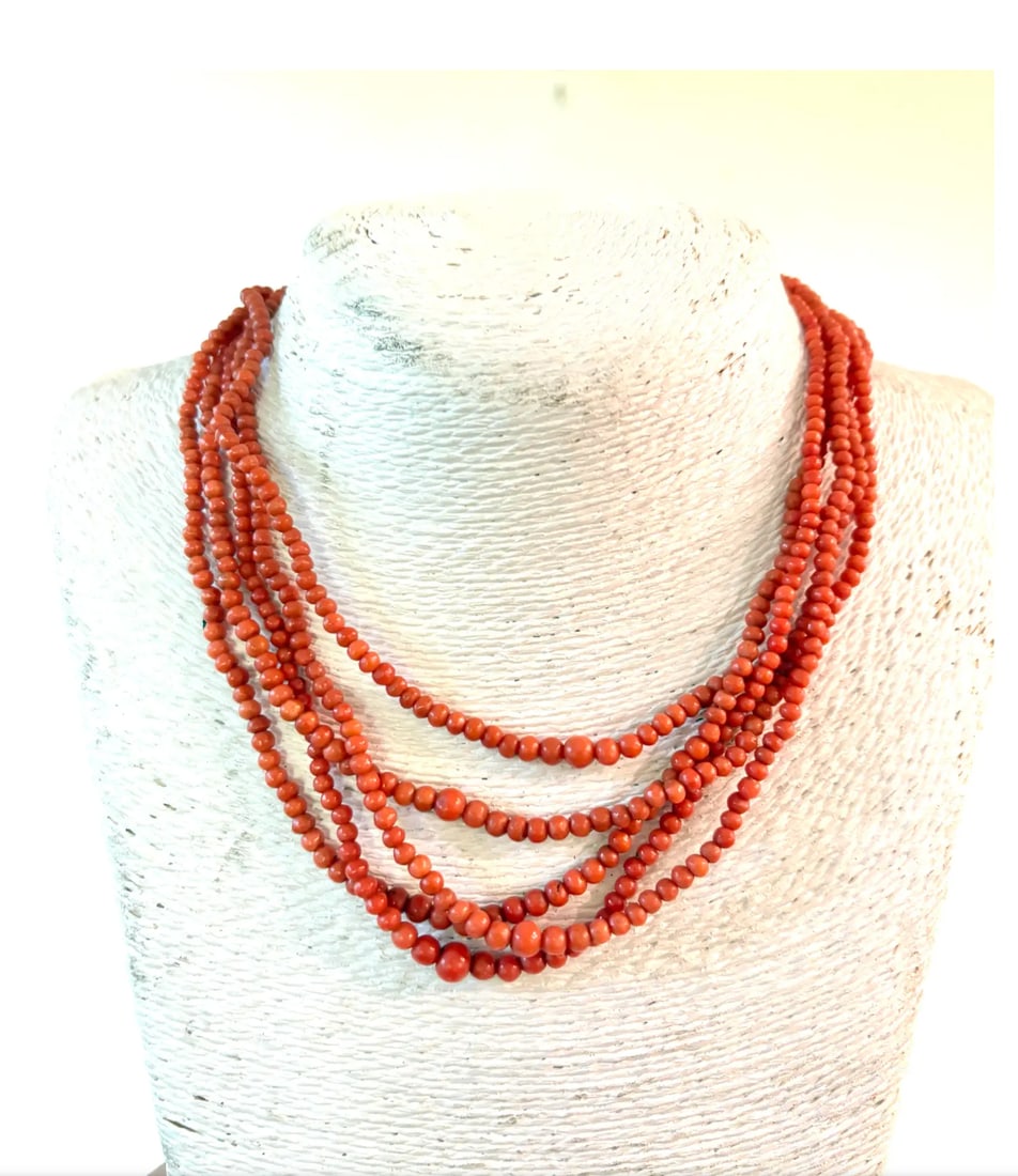 Vintage Coral Multi-Strand Beaded Necklace With Sterling Silver Clasp - 3