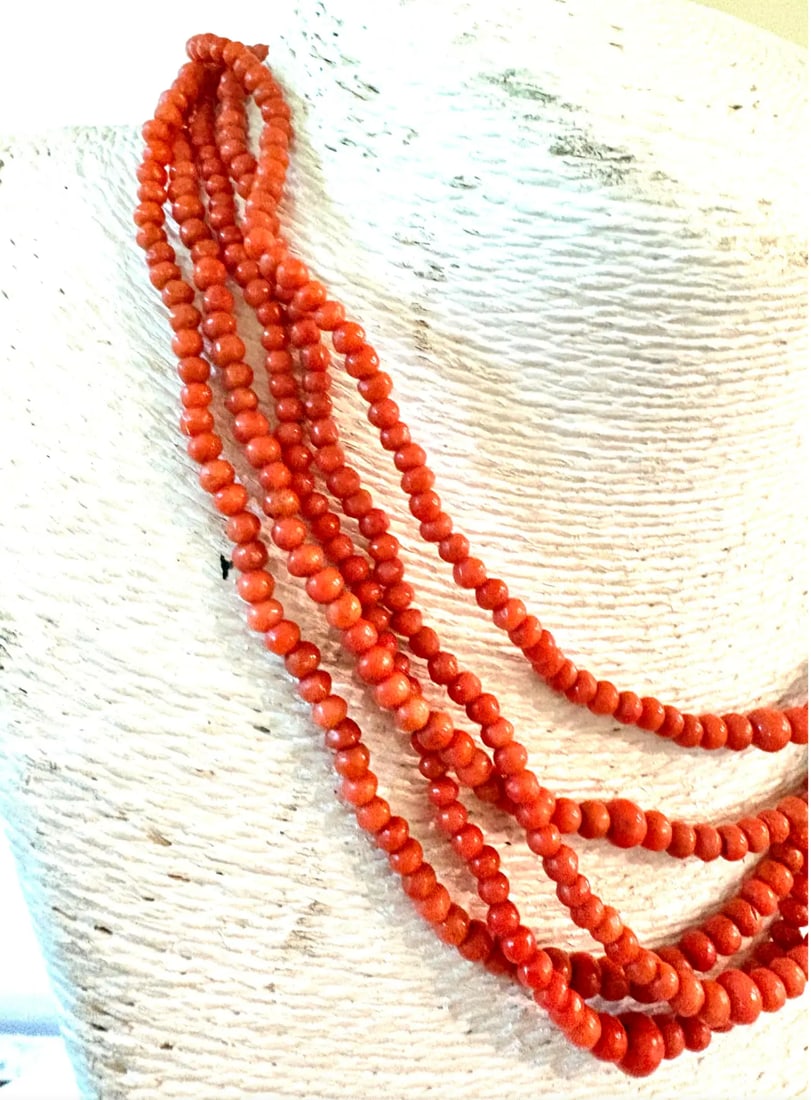 Vintage Coral Multi-Strand Beaded Necklace With Sterling Silver Clasp - 4