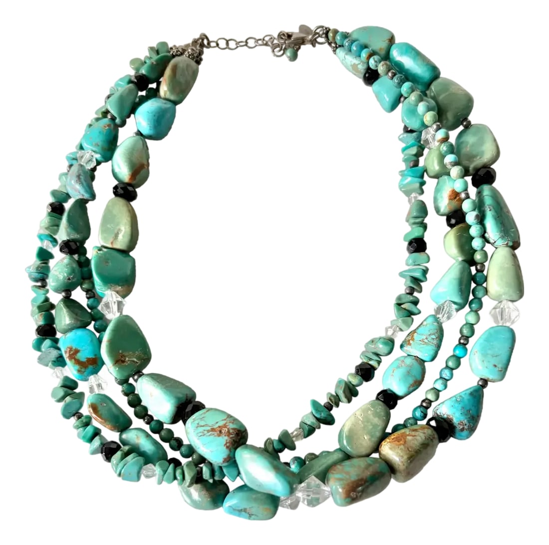 Vintage Turquoise Multi-Strand Necklace: Lovely, multi strand, turquoise necklace with sterling silver clasp. Length: 18" Condition: Alterations: Original Condition Unaltered Imperfections: Some Imperfections Condition Notes: Good condition 