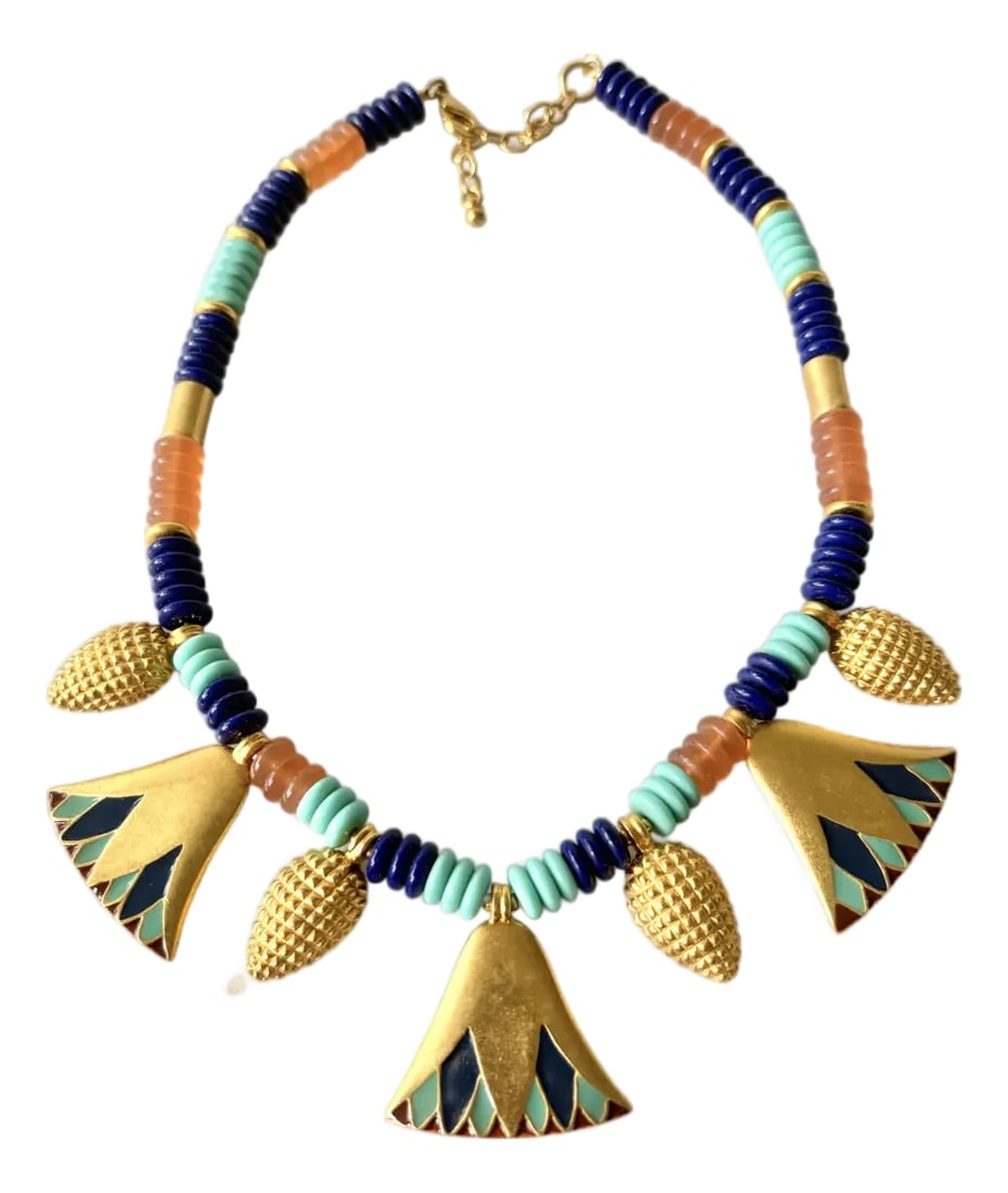 Metropolitan Museum of Art Gold Tone and Glass Museum Collection Beaded Necklace: Gorgeous Egyptian revival, Museum of Modern Art collection beaded necklace with enamel. Condition: Alterations: Original Condition Unaltered Imperfections: Some Imperfections Condition Notes: Good