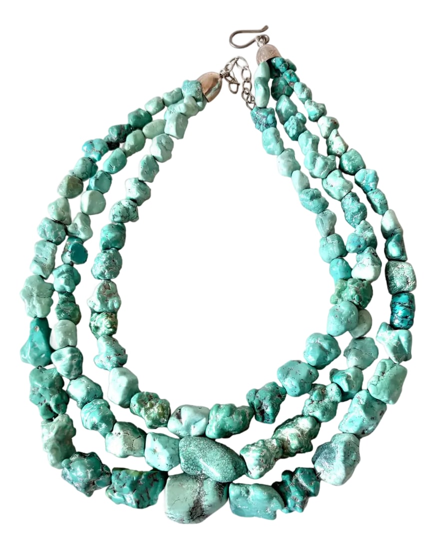 Vintage Jay King Chunky Multi-Strand Turquoise Necklace With Sterling Silver Glasp: Extraordinary, large chunky stone, turquoise necklace designed by Jay King with Sterling silver clasp. Makers mark stamped on clasp. Length: 20" Condition: Alterations: Original Condition Unaltered
