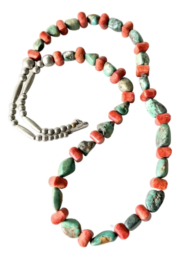 Vintage Native American Turquoise and Coral Beaded Necklace With Sterling Silver Clasp: Stunning, long vintage turquoise and coral Native American beaded necklace with sterling silver clasp. Length: 28" Condition: Alterations: Original Condition Unaltered Imperfections: Some Imperfection