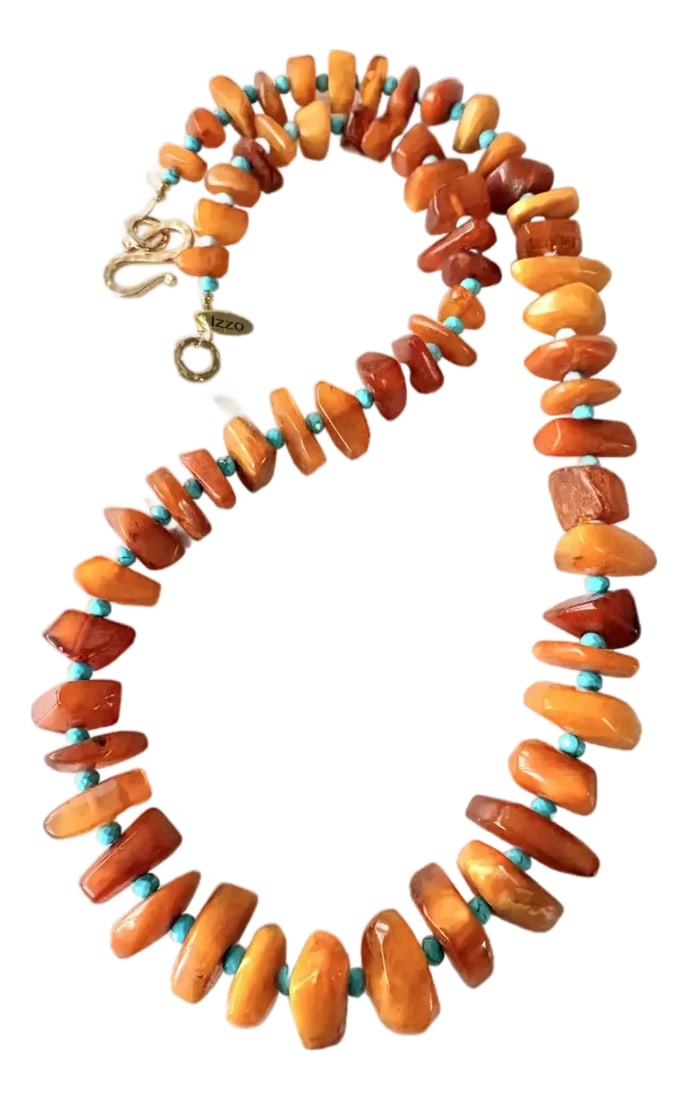 Baltic Amber and Turquoise Beaded Necklace 22" by Matthew Izzo: Gorgeous Baltic Amber necklace with turquoise beaded spacers, gold tone metal clasp. Vintage amber beads were used to construct this beautiful necklace by Matthew Izzo. Condition: Alterations: