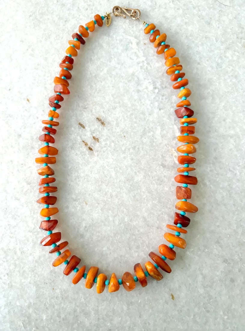 Baltic Amber and Turquoise Beaded Necklace 22" by Matthew Izzo - 4