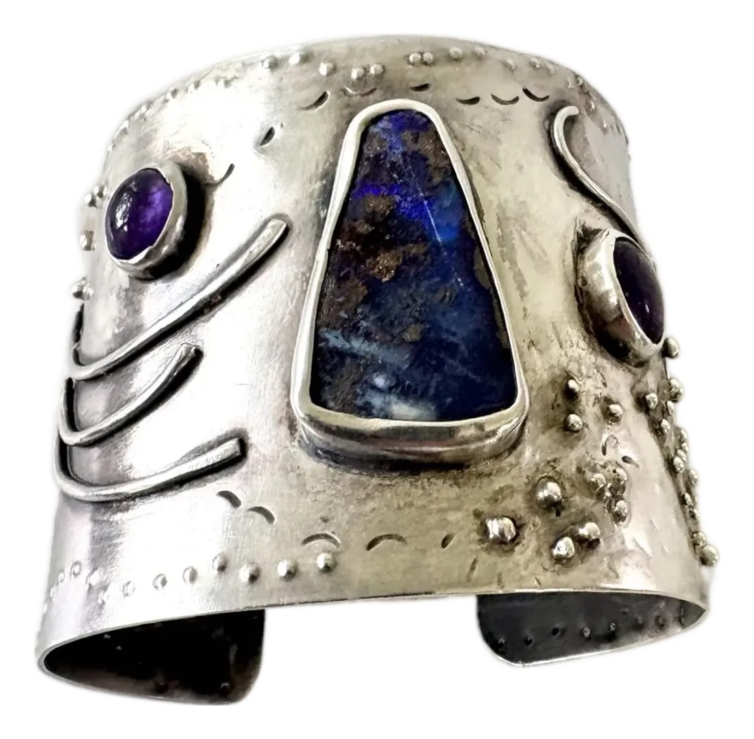 1970s Brutalist Sterling Silver Cuff Bracelet With Gem Stones: Stunning art piece, 1970s Brutalist Sterling Silver Cuff Bracelet With Gem Stones. Condition: Alterations: Original Condition Unaltered Imperfections: Some Imperfections Condition Notes: Good