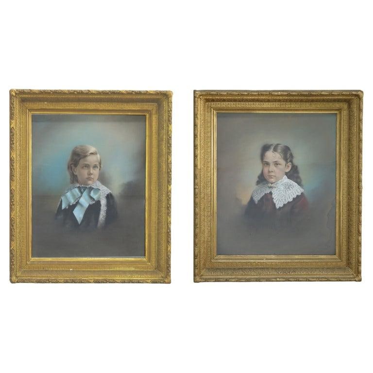 Pair Victorian Watercolor Portraits, Sister & Brother, Original Frames, C1890 - 10