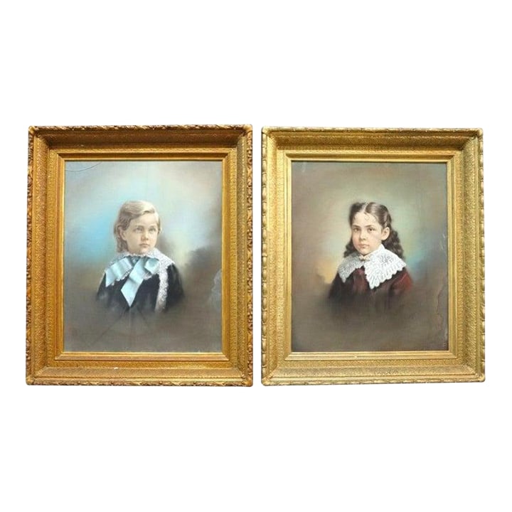 Pair Victorian Watercolor Portraits, Sister & Brother, Original Frames, C1890: A distinguished pair of Victorian watercolor portraits, circa 1890, depicting a young brother and sister. These finely rendered artworks capture the innocent charm of childhood during the late 19th