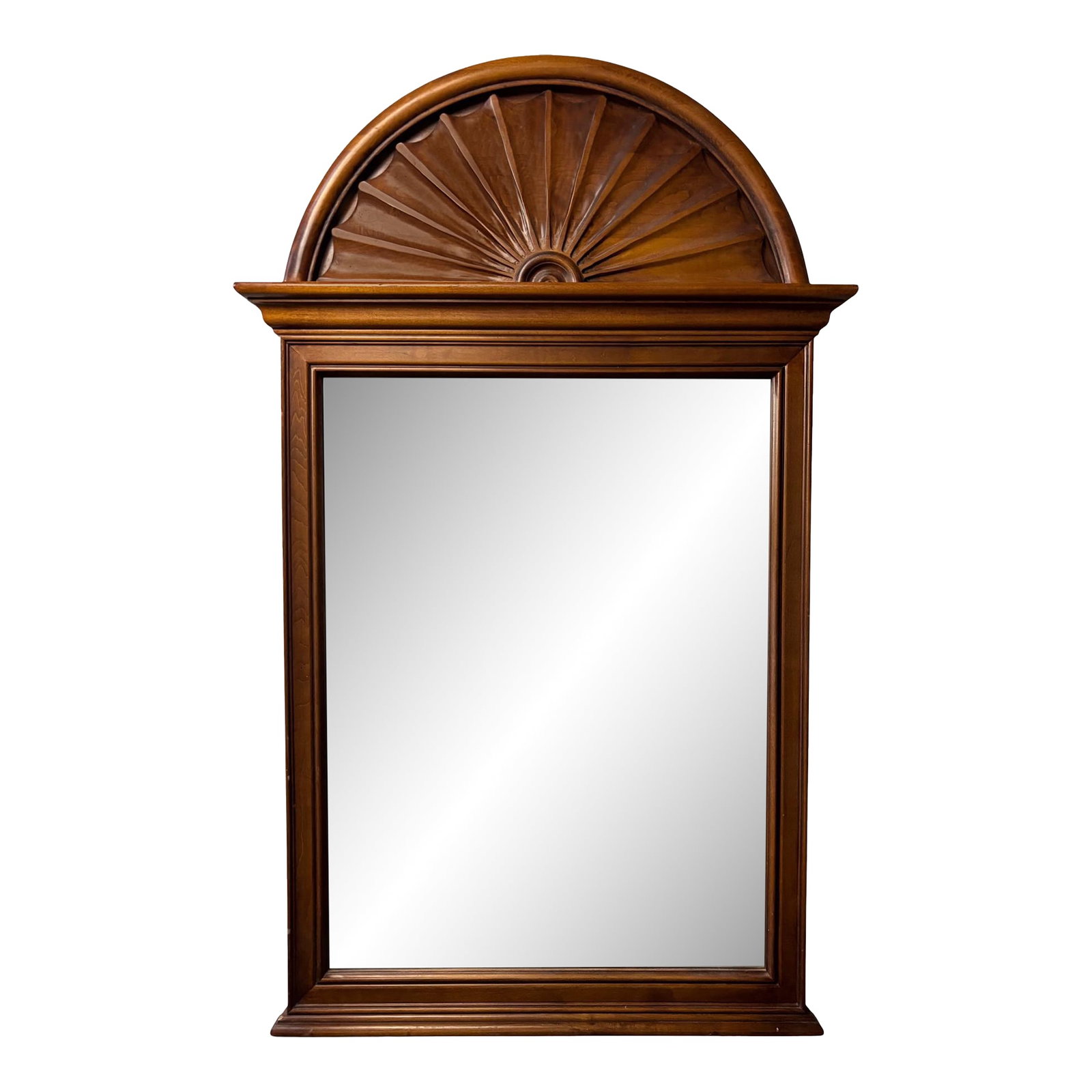 Colonial Solid Wood Sunburst Mirror: Deeply carved statement mirror made by Stroupe Mirror Company for Thomasville Furniture, handcrafted in the USA. The bold semicircular pediment is visibly hand-hewn in solid hardwood with a radiating