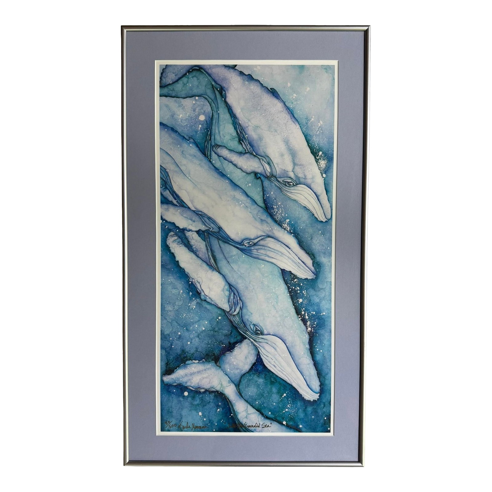 Karla Morreira "Into the Emerald Sea" Signed Limited Edition Watercolor Print - 80/500: Bring the serene power of the ocean into your home with this stunning, limited-edition fine art print titled "Into the Emerald Sea" by renowned Alaska-based contemporary wildlife artist Karla Morreira
