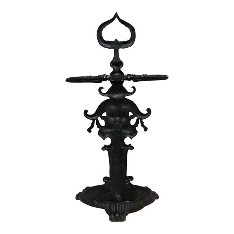 British Embossed Figural & Floral Cast Iron Umbrella Stand, Signed, C1880 - 9