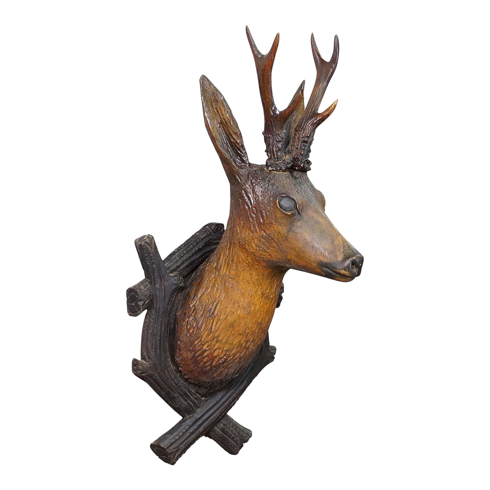 Large Naturalistic Black Forest Carved Deer Head, Ca. 1930s (1 of 8)