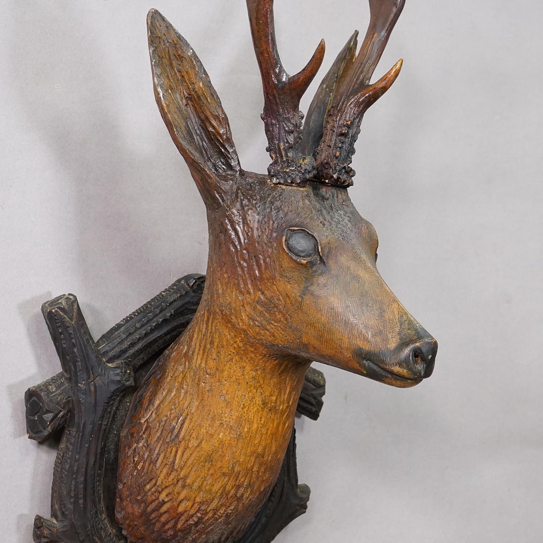 Large Naturalistic Black Forest Carved Deer Head, Ca. 1930s - 4