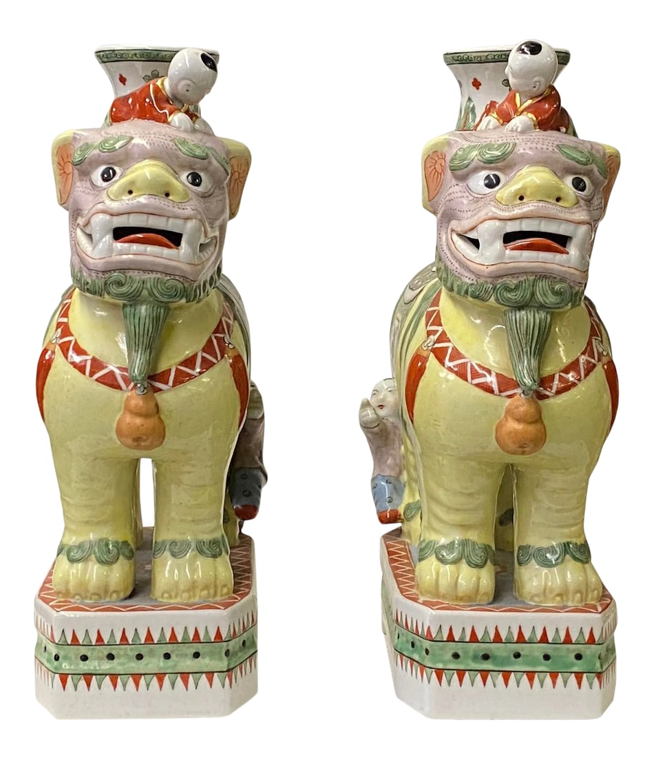 Pair Vintage Yellow Foo Dog Shape Candle Holder Vase Displays (1 of 7)