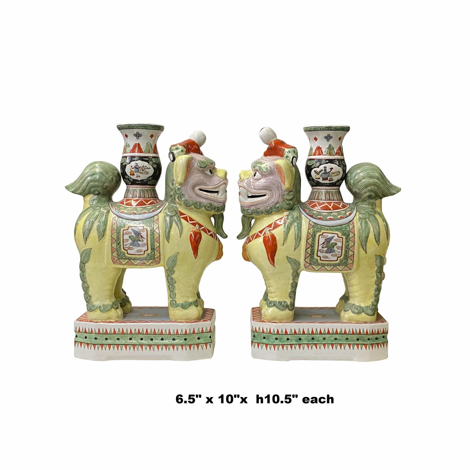 Pair Vintage Yellow Foo Dog Shape Candle Holder Vase Displays - 2