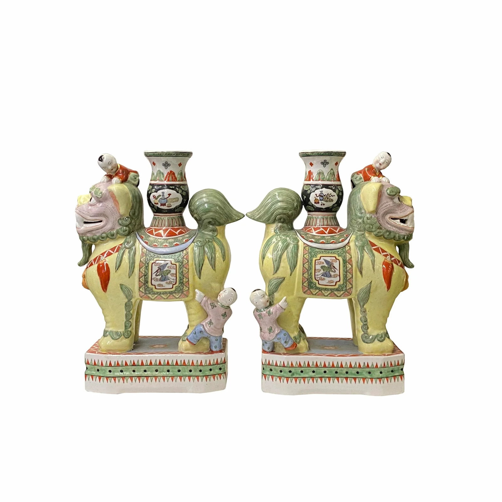 Pair Vintage Yellow Foo Dog Shape Candle Holder Vase Displays - 3