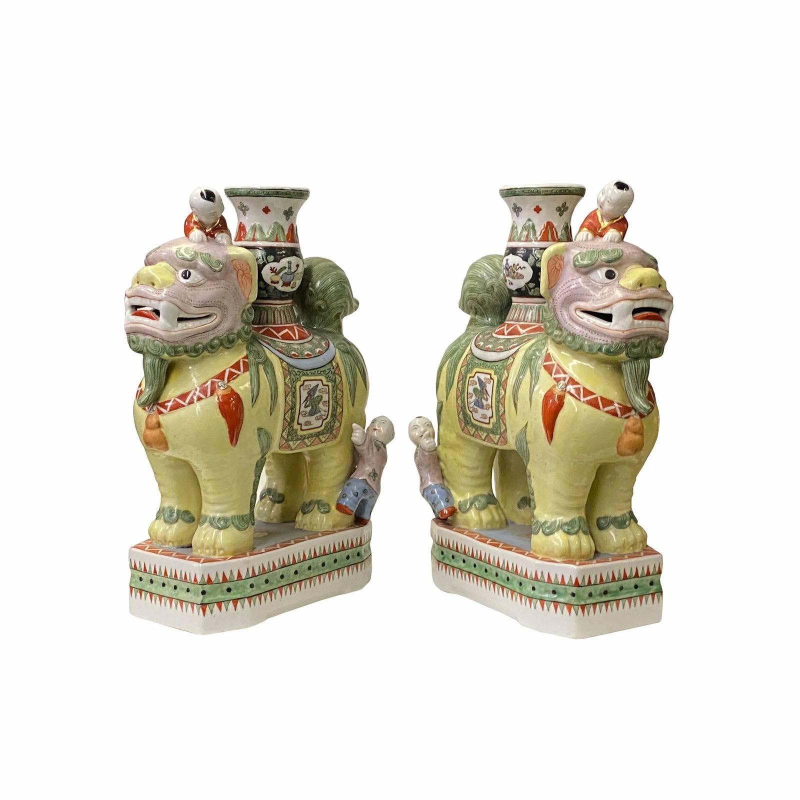 Pair Vintage Yellow Foo Dog Shape Candle Holder Vase Displays - 4