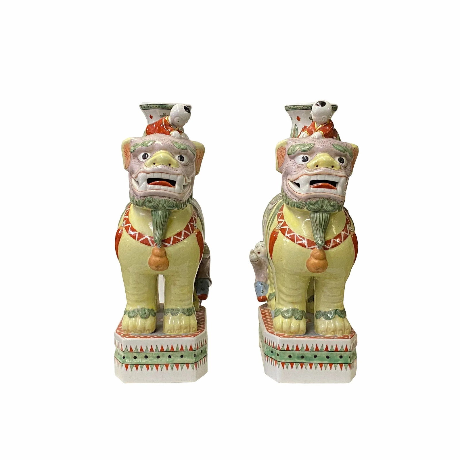 Pair Vintage Yellow Foo Dog Shape Candle Holder Vase Displays - 7