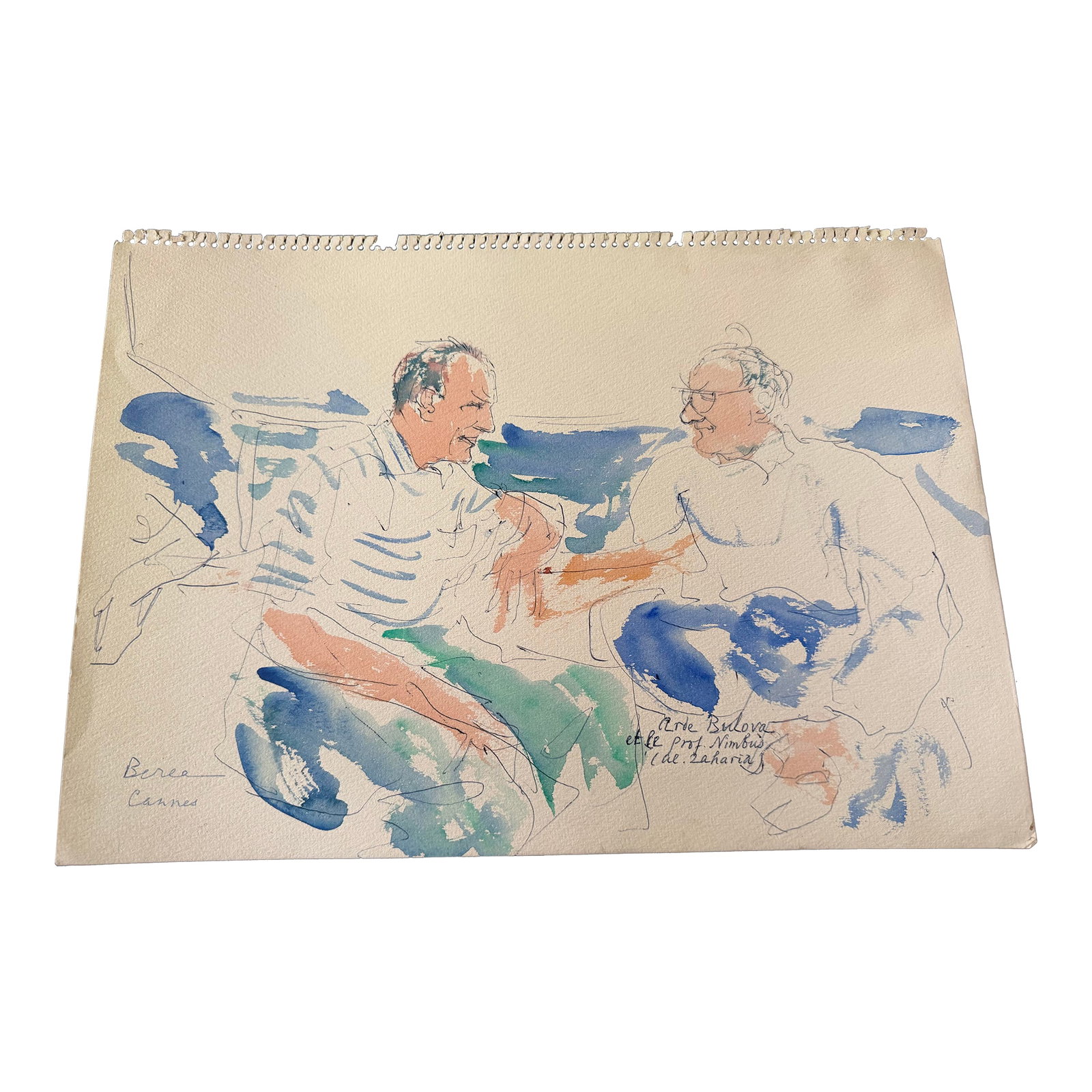 1950s Dimitrie Berea Water Color Sketch of Arde Bulova (Head of the Bulova Watch Company) & Prof. Ni: This is a hand-colored sketch by the well known Romanian-born portrait and landscape artist, Dimitry Berea. By the time that Berea prepared this sketch in 1955, he was already a highly regarded
