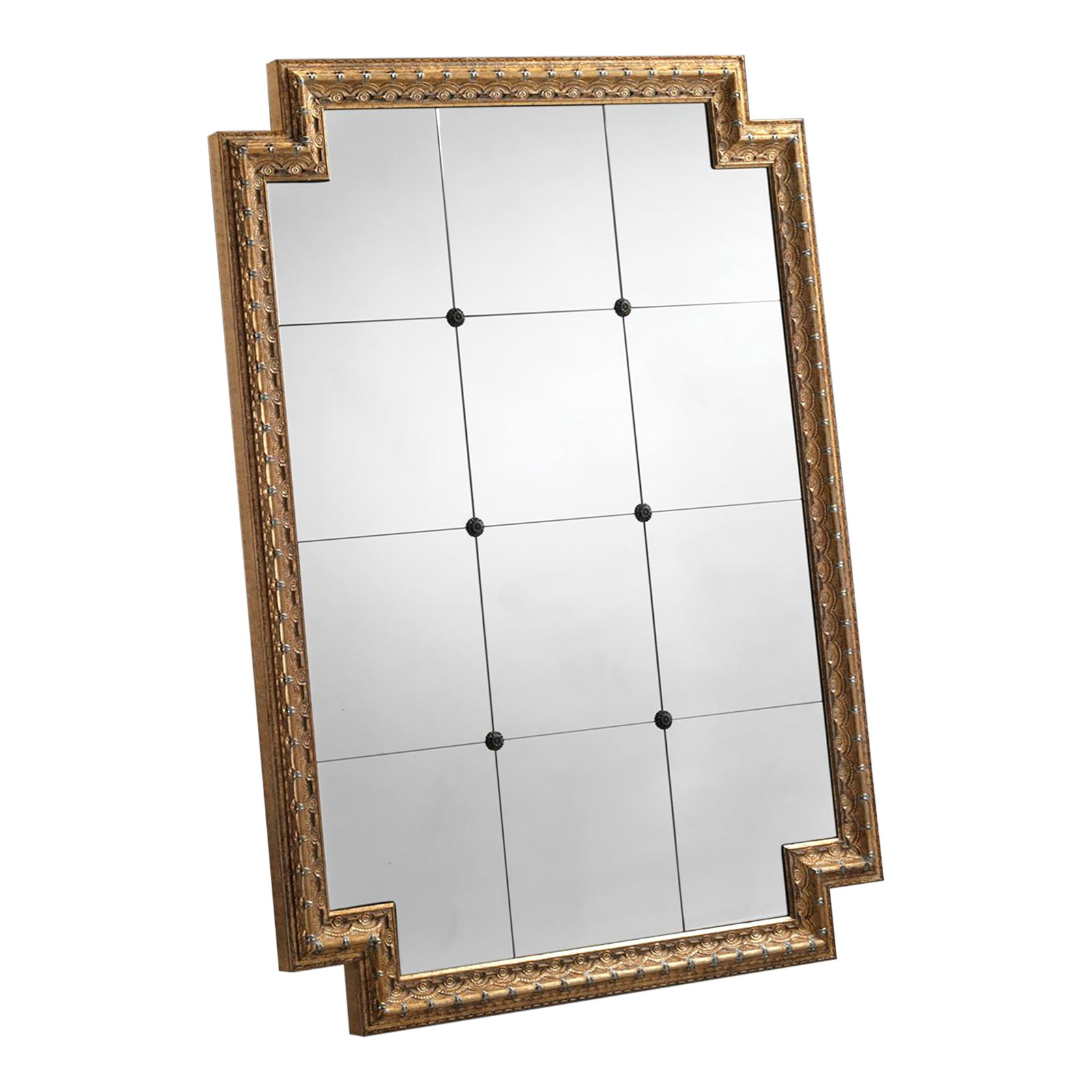 Italian Wall Mirror in 24k Gold Leaf Frame: Handcrafted in Italy, this wall mirror features a solid wood frame finished in brushed 24k gold leaf with a decorative stepped profile. Antiqued mirror panels create visual depth and add character,