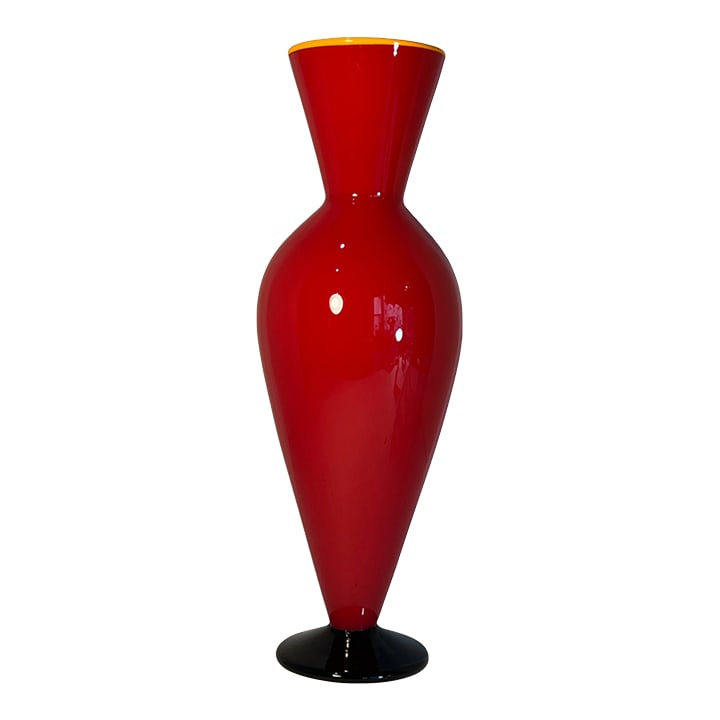 David Levi Signed Ibex 2004 Art Glass Red Vase: This striking vase by David Levi of Ibex Glass Studio showcases his signature blend of bold color, clean form, and refined Scandinavian"‘influenced craftsmanship. Standing 15 inches tall and