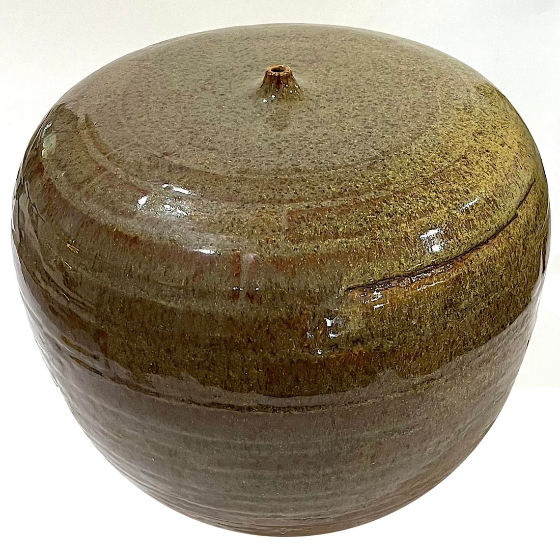 1980's Studio Pottery Olive Green Stoneware Vessel - Nipple Top Opening - Ken Edwards Montana Potter - 6