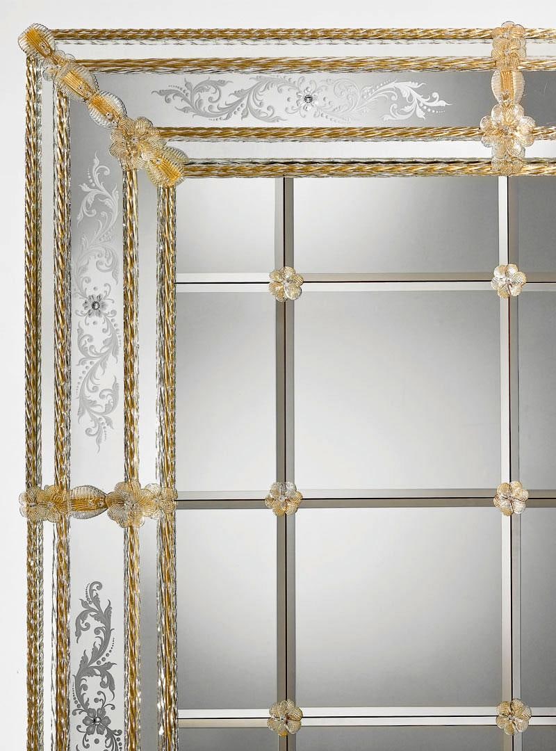 Hand-Engraved Venetian Mirror With Amber Murano Glass - 2