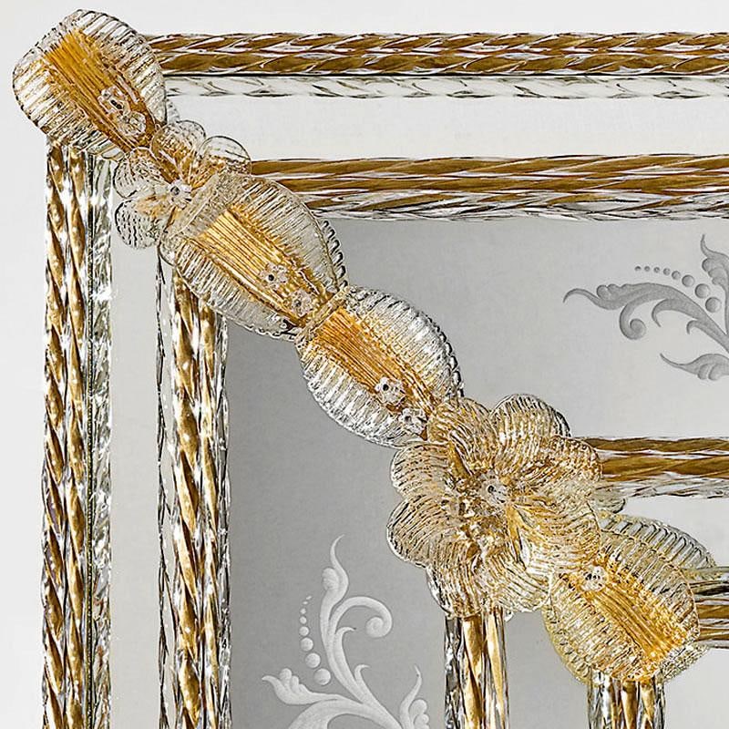 Hand-Engraved Venetian Mirror With Amber Murano Glass - 3