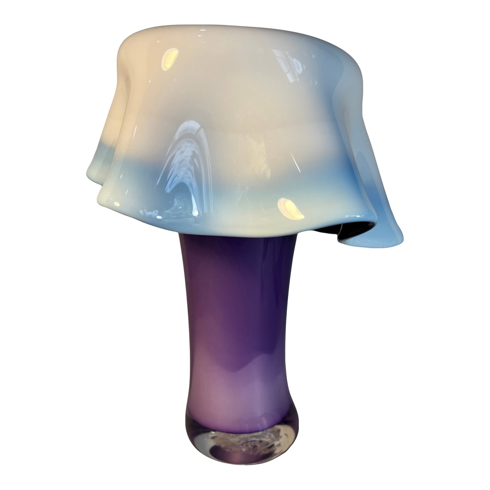 Art Glass Purple White Draped Vase Signed Rich Pitkethly: This is an 11"‘inch tall by 10"‘inch wide hand"‘blown art glass piece with a sculptural, organic presence. The form rises from a deep purple base that gradually lightens as it moves