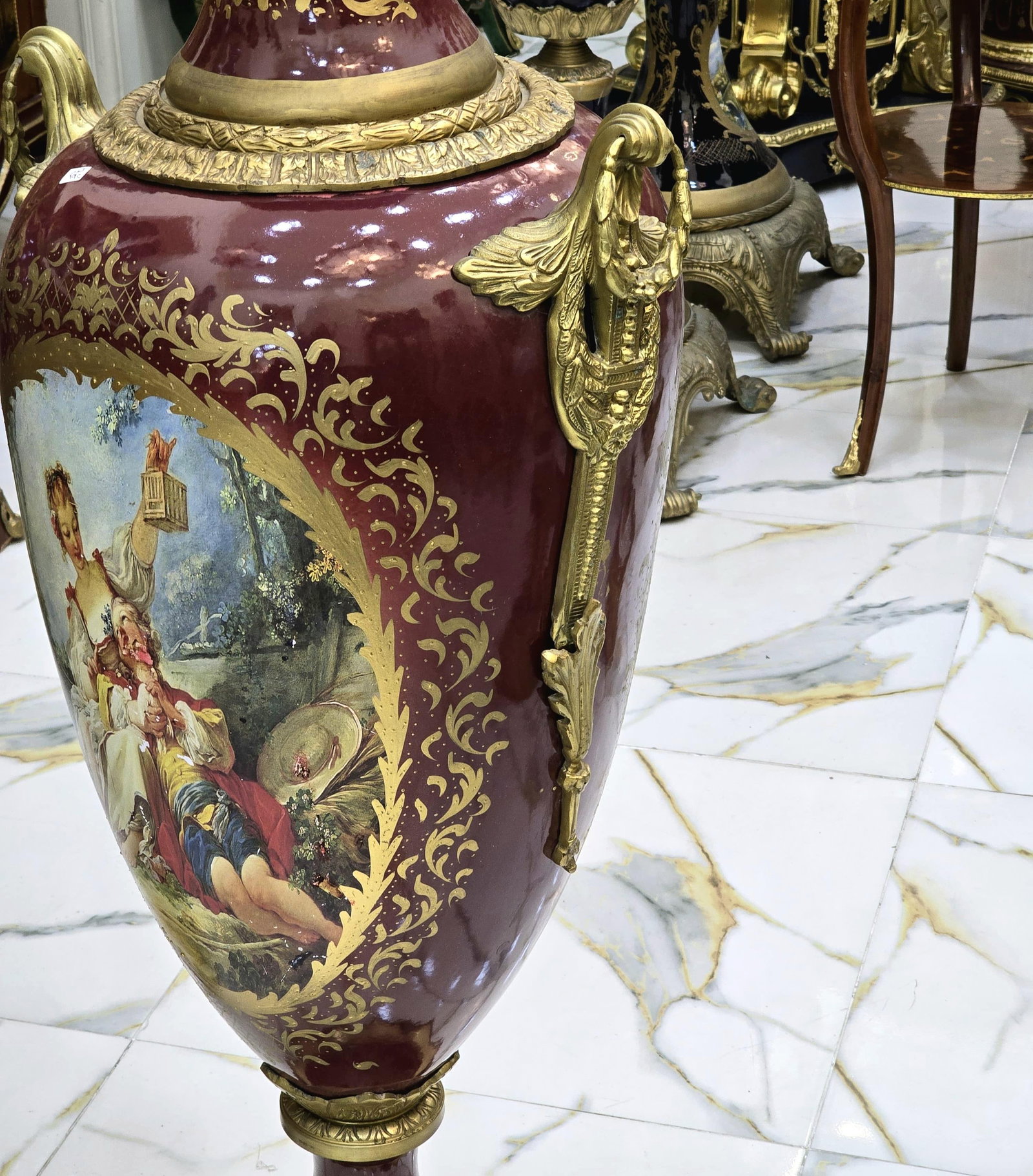 Burgundy Porcelain Vases With Gold Leaf Details – French Style Ornate Decorative Vases - 4