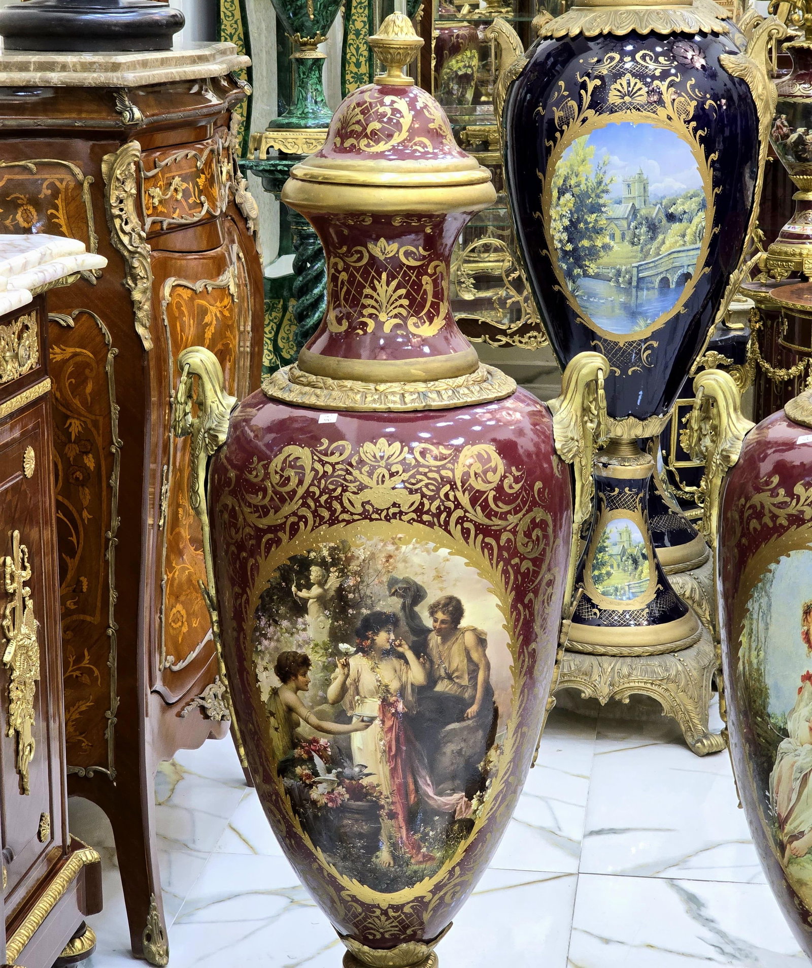Burgundy Porcelain Vases With Gold Leaf Details – French Style Ornate Decorative Vases - 5