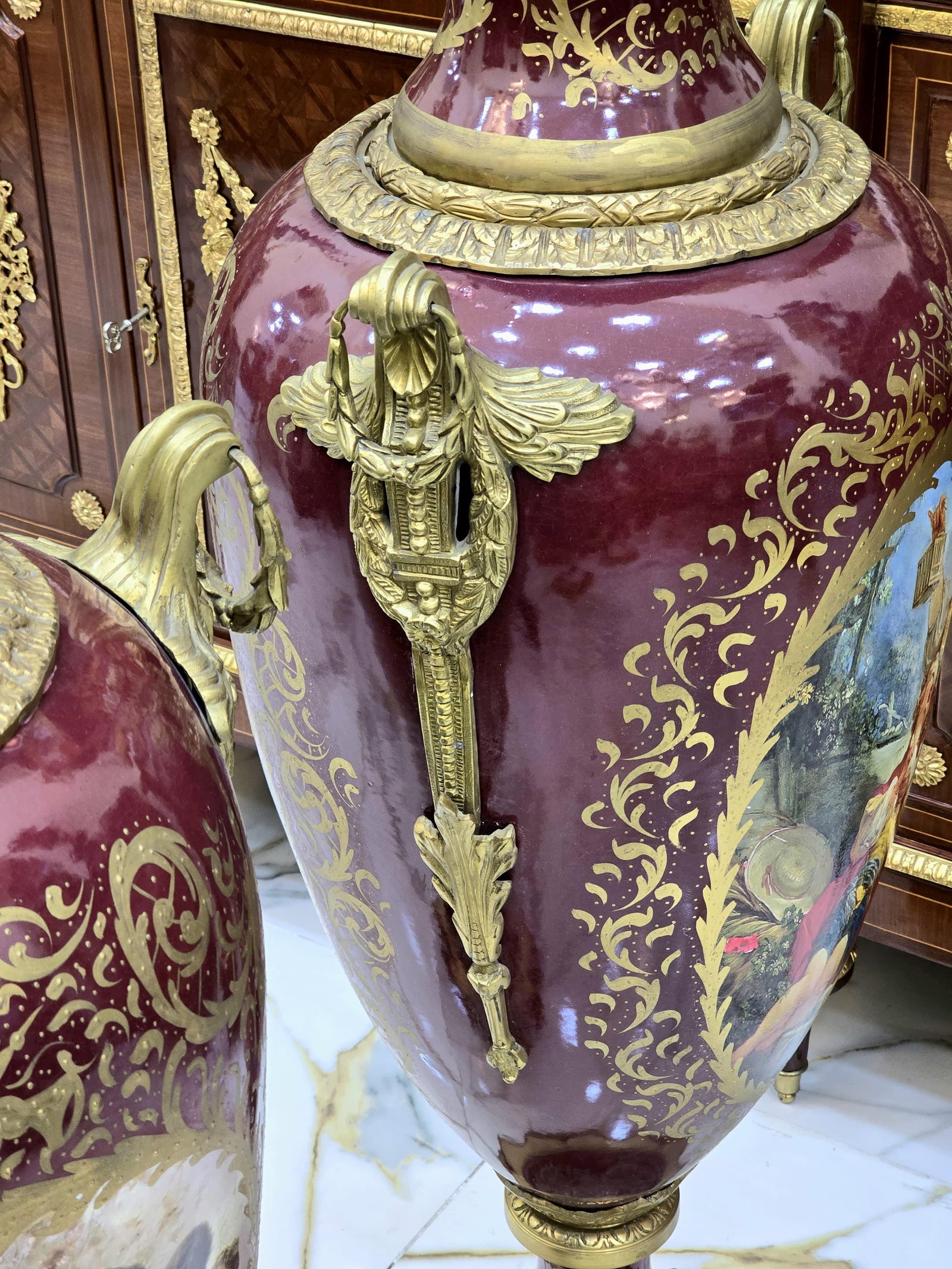 Burgundy Porcelain Vases With Gold Leaf Details – French Style Ornate Decorative Vases - 6