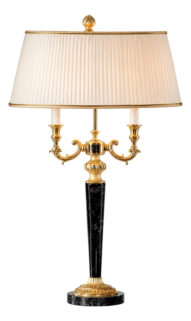 Italian Marble & 24k Gold-Plated Bronze Table Lamp With Silk Shade: Handmade in Italy, this table lamp features a black marble column and base accented with 24K gold-plated bronze castings. Two decorative arms support a pleated silk shade, creating a classic look that