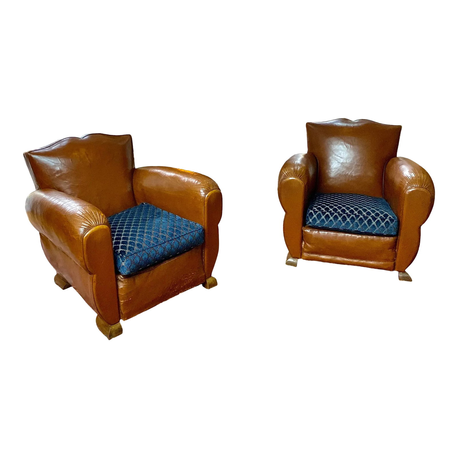 1930 Art Deco French Moustache Back Club Chairs with Christian Lacroix Cushions - a Pair: Pair of Moustache original Art Deco French leather club chairs. Circa 1930s with original leather. This is a beautiful, highly coveted Moustache clubs pair with a lot of character and charm.