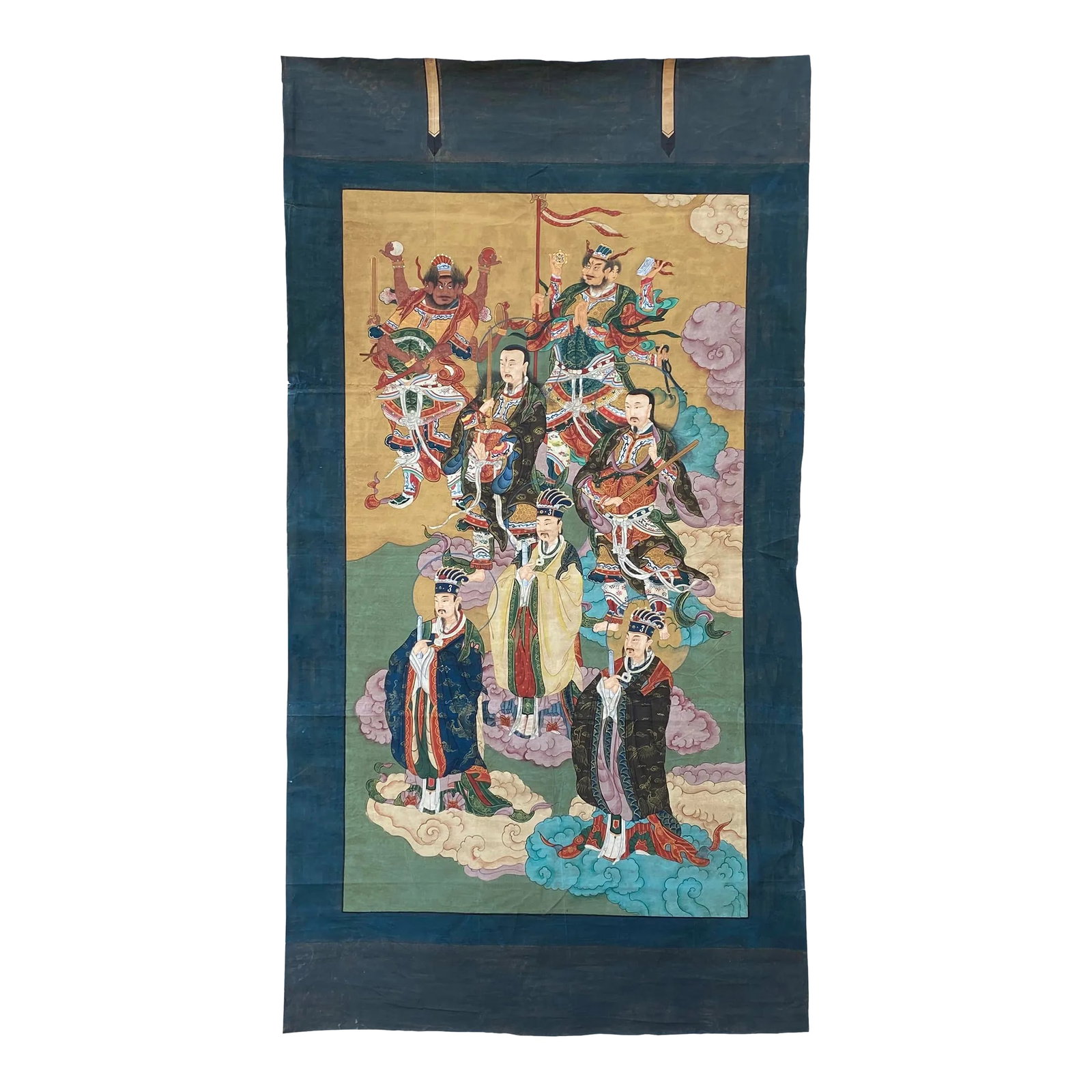 Large Chinese Canvas Art of the Three Great Emperor - Officials: This is a handpainted Chinese accent decorative canvas art with a portrait of the Three Great Emperor-Officials ( which are three of the highest sky deities of Taoist Religion)- Heavenly Official,