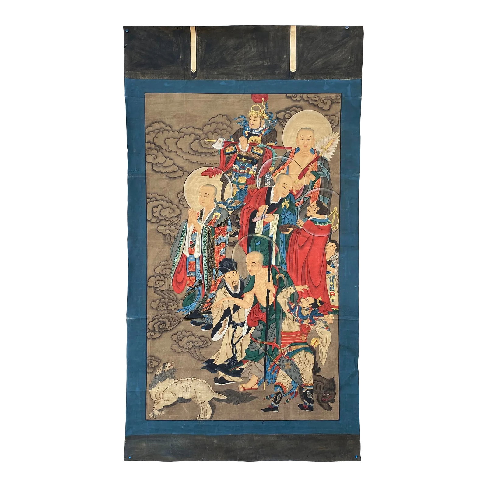 Large Chinese Canvas Art of Part of Sixteen Arhats With Guards Theme: This is a handpainted Chinese accent decorative canvas art with Ancient Chinese characters from the famous history story of The sixteen Arhats. This piece is focusing on part of the 4 Arhats guarded b