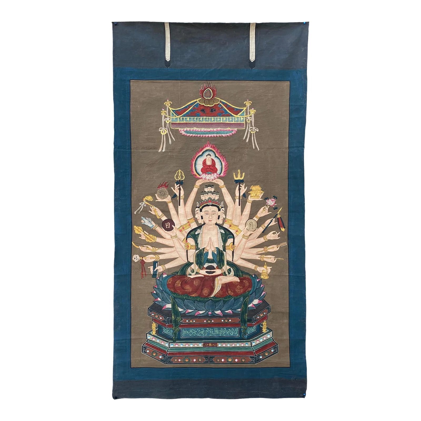 Large Chinese Canvas Art of 24 Arms Bodhisattva Kwan Yin Avalokitesvara: This is a handpainted Chinese accent decorative canvas art of 24 Arms Bodhisattva Kwan Yin Avalokitesvara. Each hand holds a treasure symbol item. Dimensions: w45"x h88" Origin: China Material: