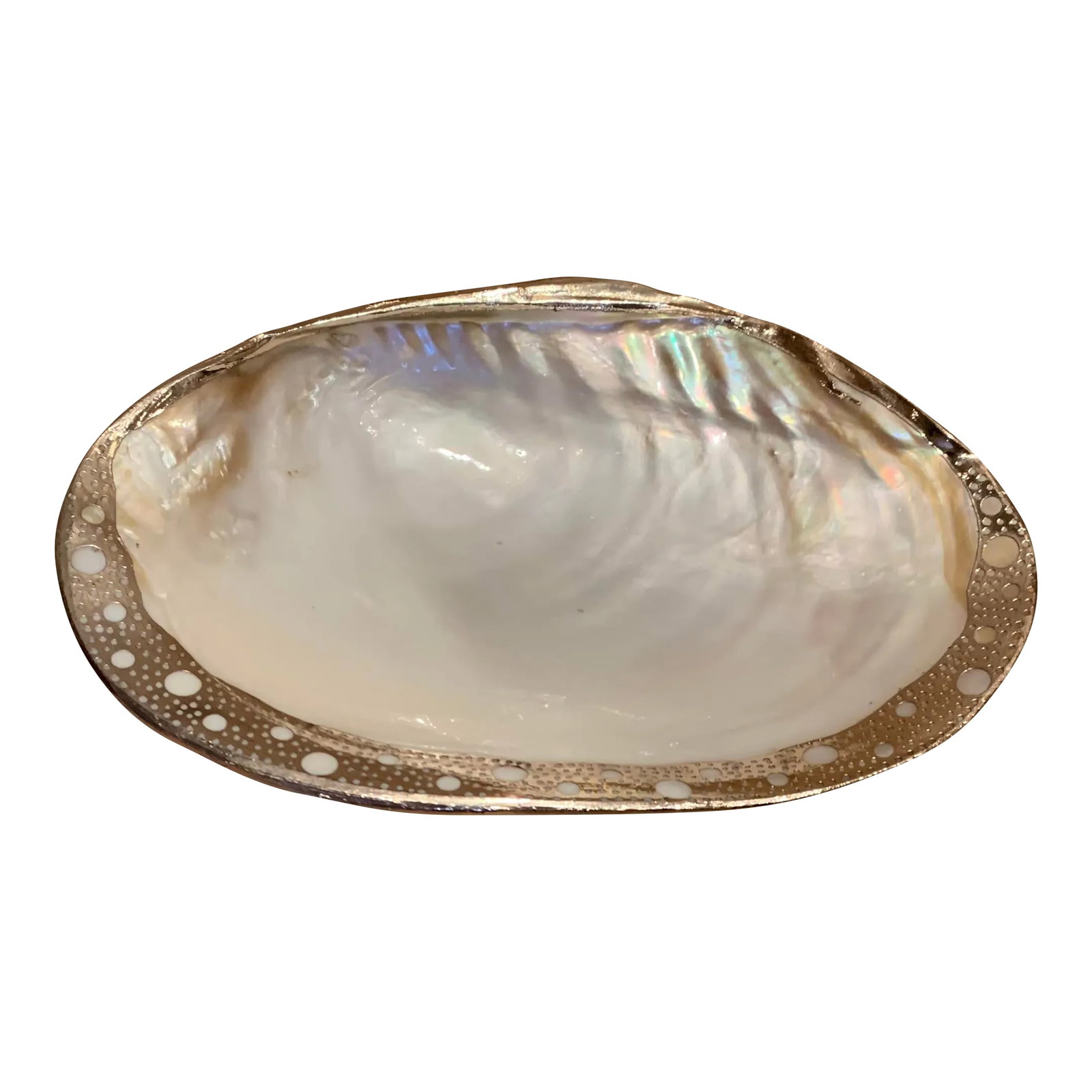 Mid 20th Century Shell Serving Dish With Silver Leaf: Vintage abalone shell serving dish with silver. leaf embellishment by Twos Company. Dish has ball feet for stability in silver leaf. Condition: Alterations: Original Condition Unaltered Imperfections: