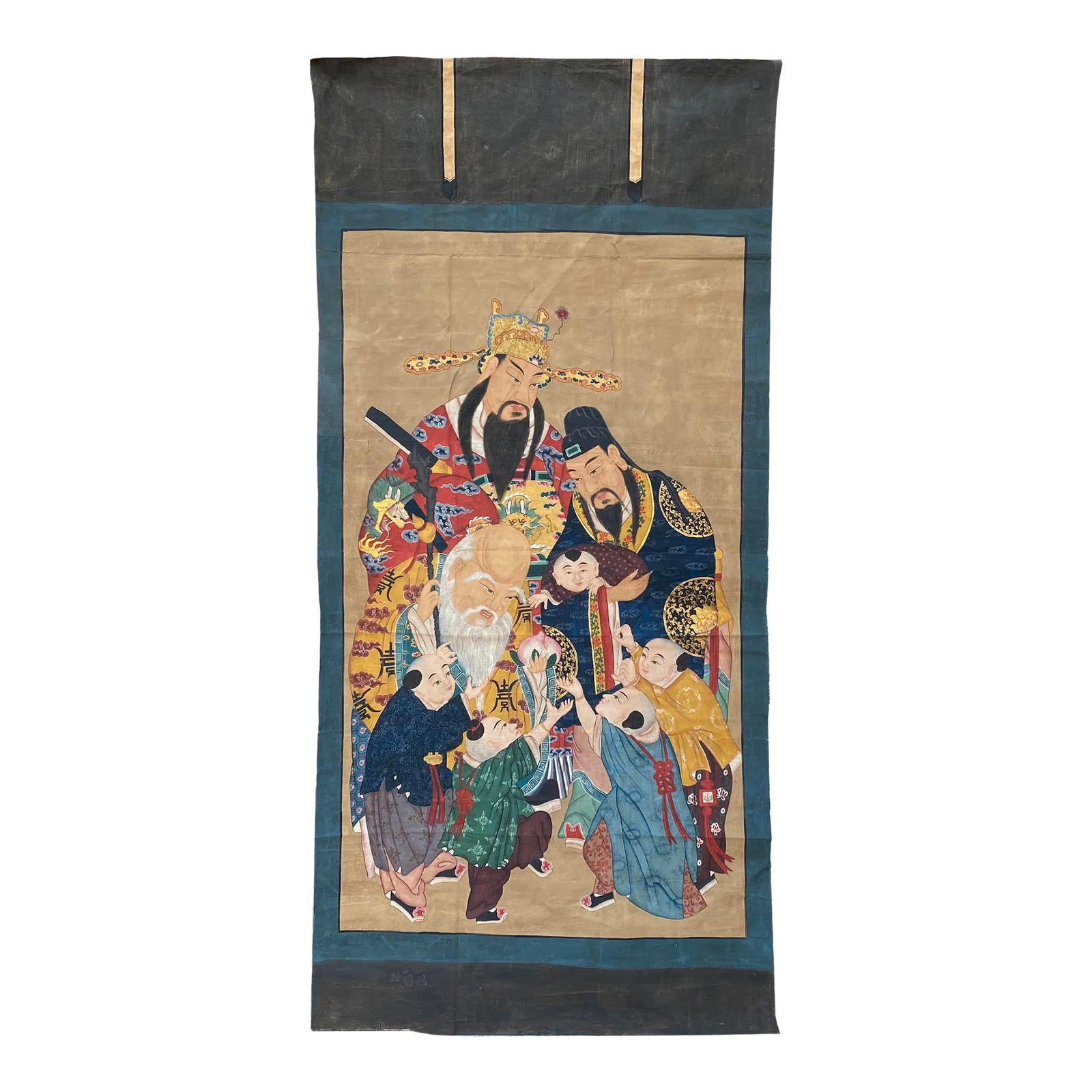 Large Chinese Vintage Canvas Color Ink SanXing (Fu Lu Shou) Painting Art: This is a handpainted Chinese accent decorative canvas art with an Ancient Chinese "SanXing Fu Lu Shou" portrait theme. The completion of this large painting needs different groups of people. The