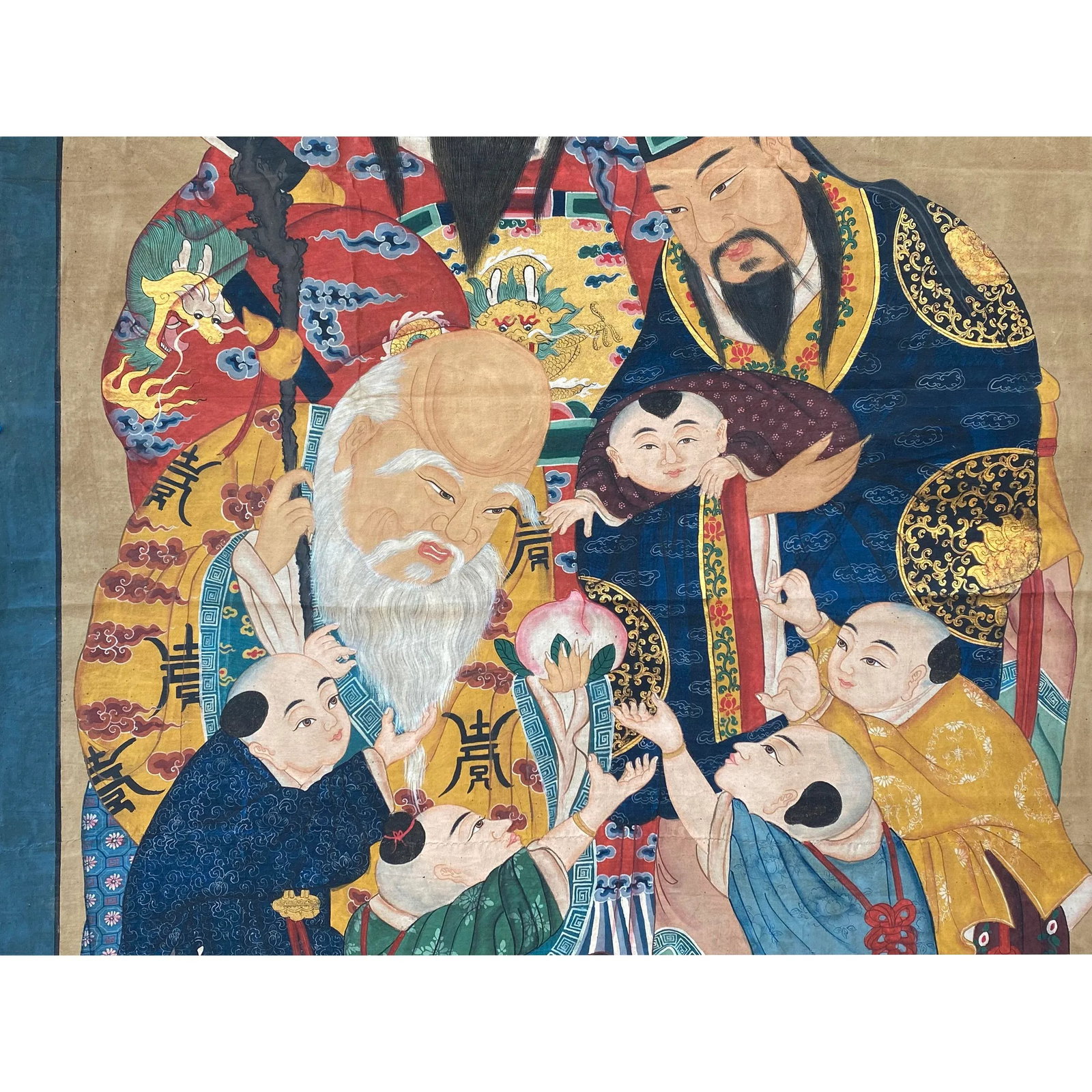 Large Chinese Vintage Canvas Color Ink SanXing (Fu Lu Shou) Painting Art - 2
