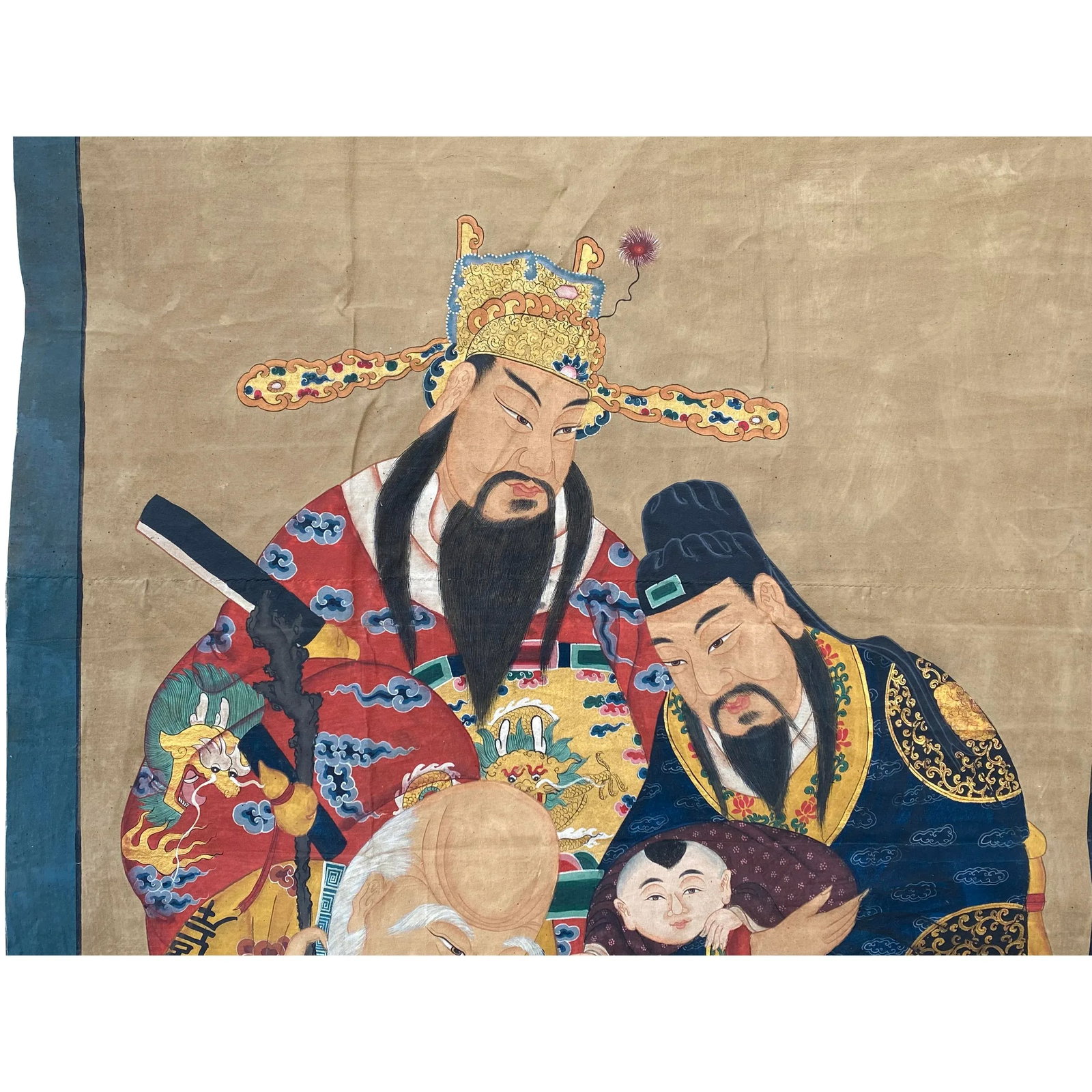 Large Chinese Vintage Canvas Color Ink SanXing (Fu Lu Shou) Painting Art - 4