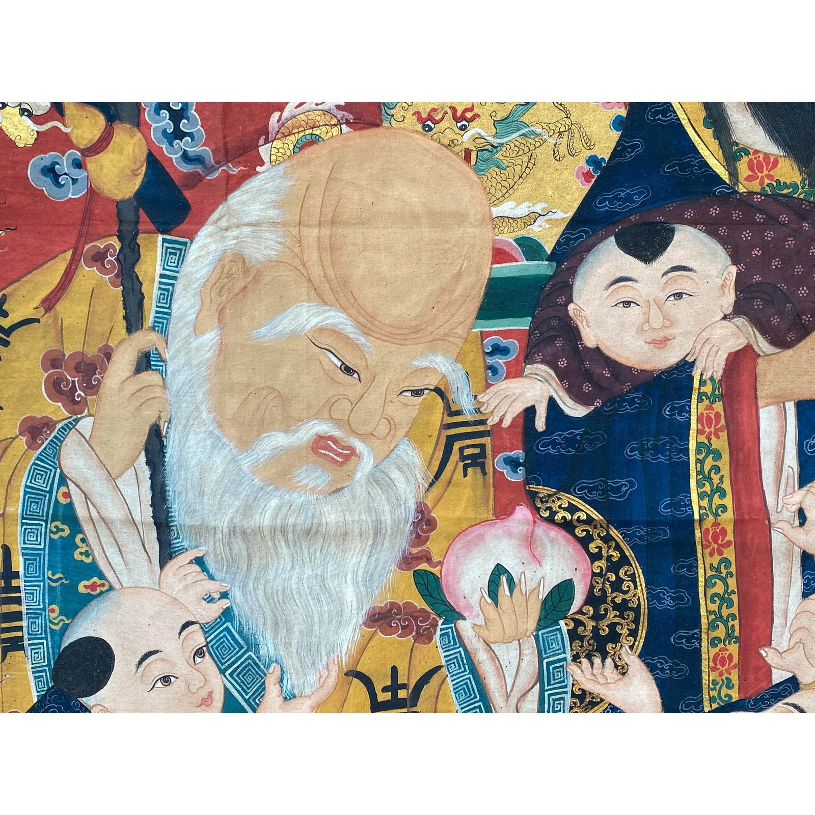 Large Chinese Vintage Canvas Color Ink SanXing (Fu Lu Shou) Painting Art - 9