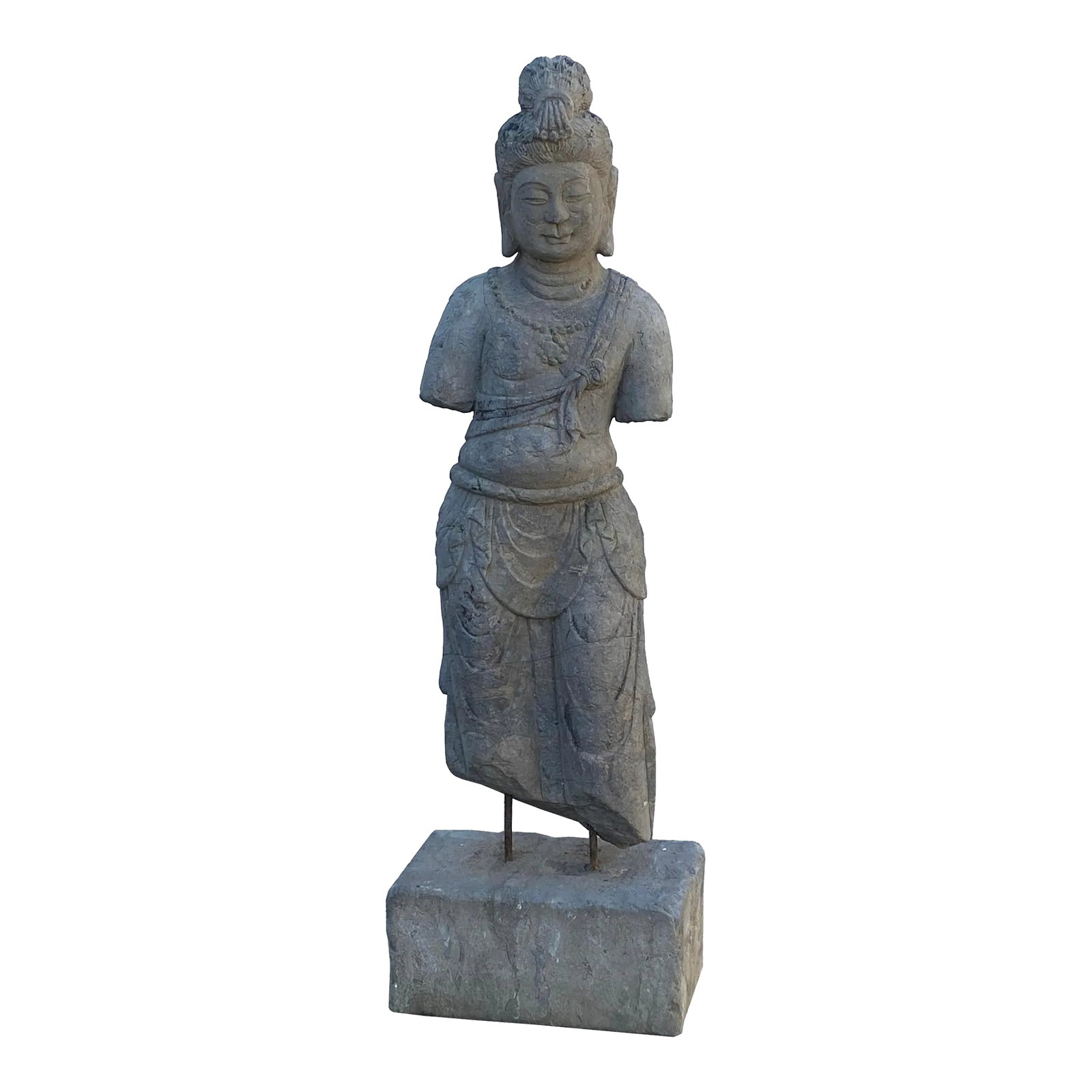 Chinese Stone Standing on Base Kwan Yin Tara Bodhisattva Statue: This is a Chinese decorative stone figure of a standing Kwan Yin, Tara, Bodhisattva with gray stone pattern color finish. It is in Chinese Tong style outlook with metal bars display stone base.