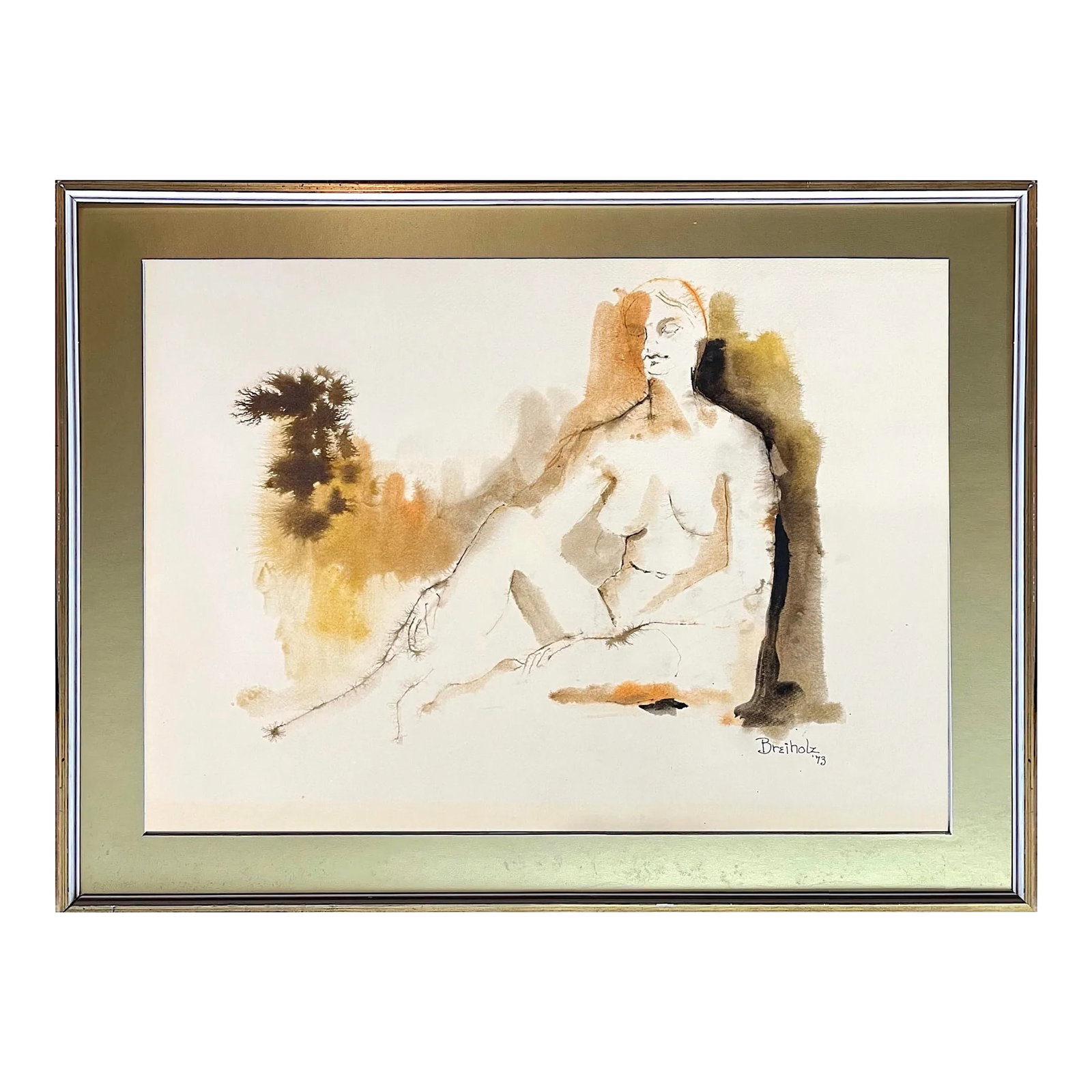 1973 Female Nude Watercolor Painting by Anne Breiholz, Framed: Mid-century modern watercolor female nude in ochre, gold, and brown hues. Created by Saratoga, California artist Anne J. Breiholz whose work was quite popular throughout the sixties and eighties.