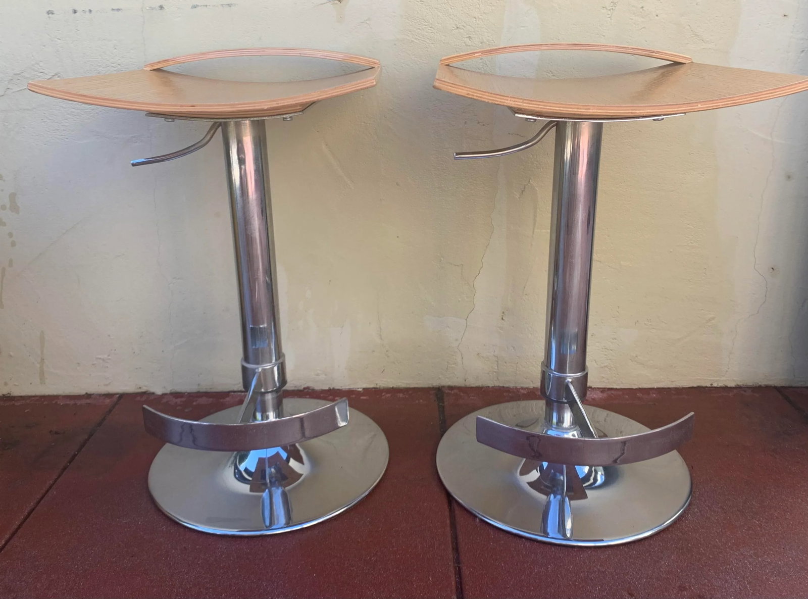 1990s Vintage Chrome and Wood Seat Barstools, Set of 2 - 13