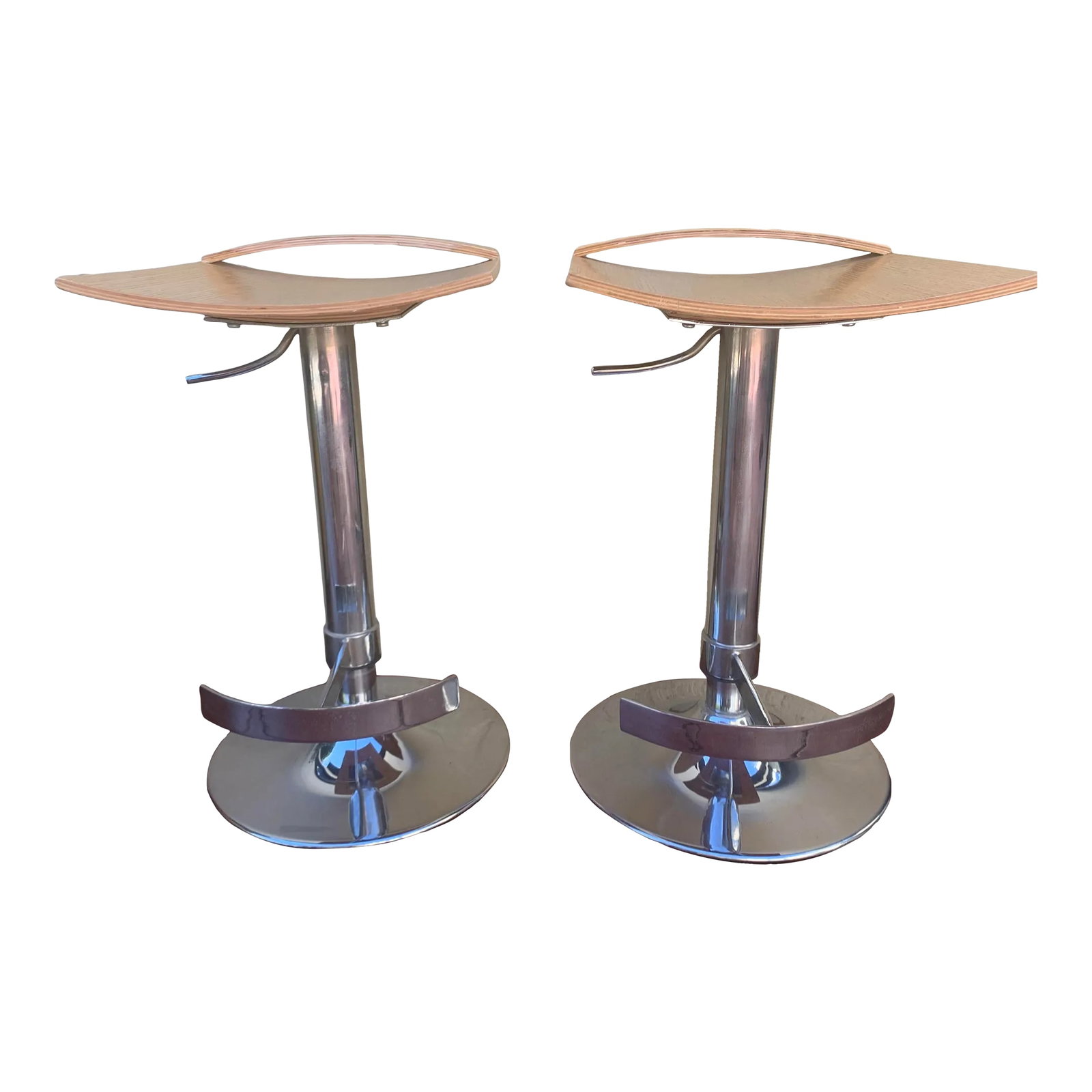1990s Vintage Chrome and Wood Seat Barstools, Set of 2: 1990s Vintage barstools with moulded square plywood seat and chrome plated heavy round base and foot rest. The seat has a hydraulic lift which can lower the seat to 22" Condition: Alterations: