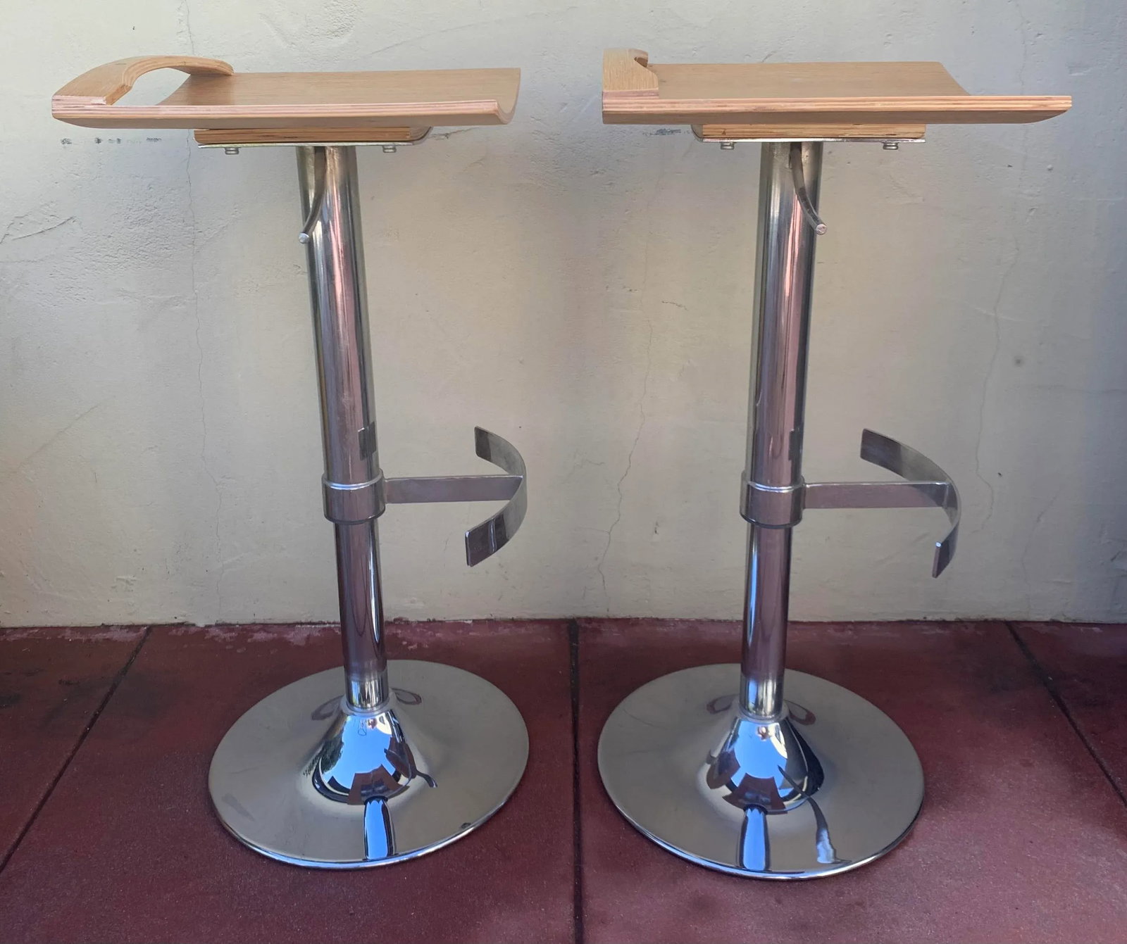 1990s Vintage Chrome and Wood Seat Barstools, Set of 2 - 7