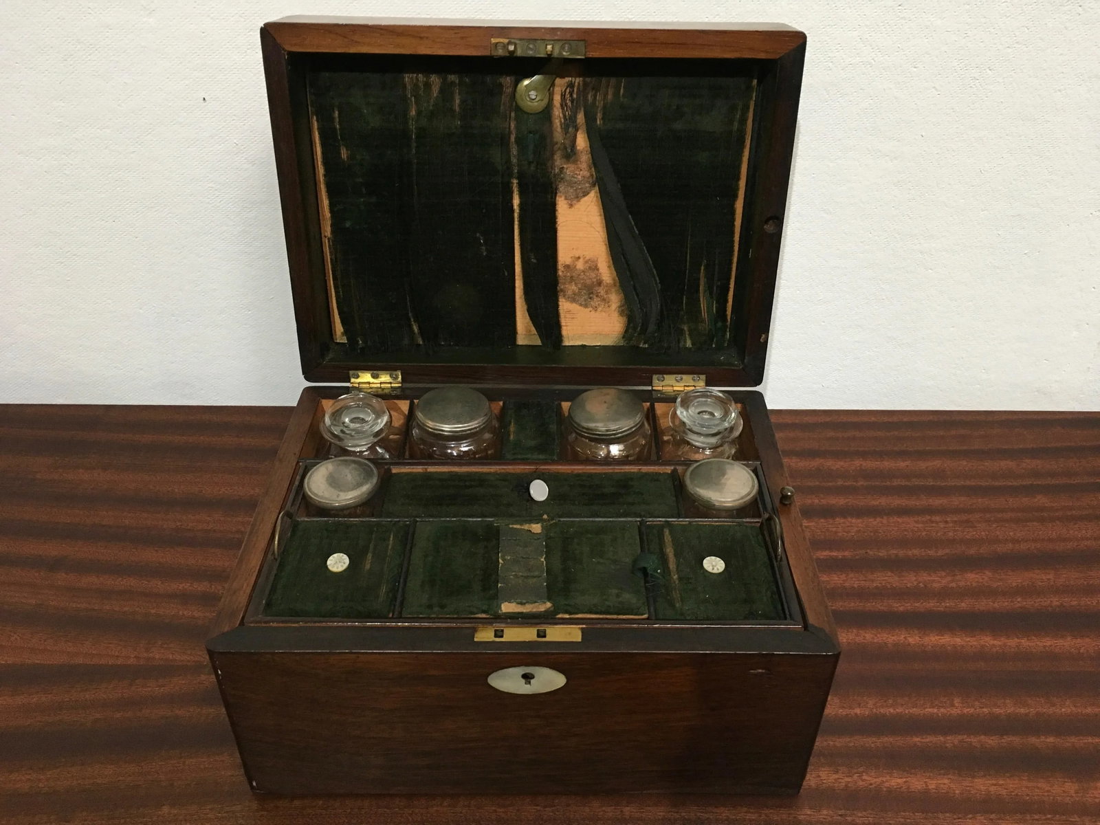 Victorian English Rosewood Gentleman's Dressing Box With Cut Crystal Bottles & Secret Compartment, - 10