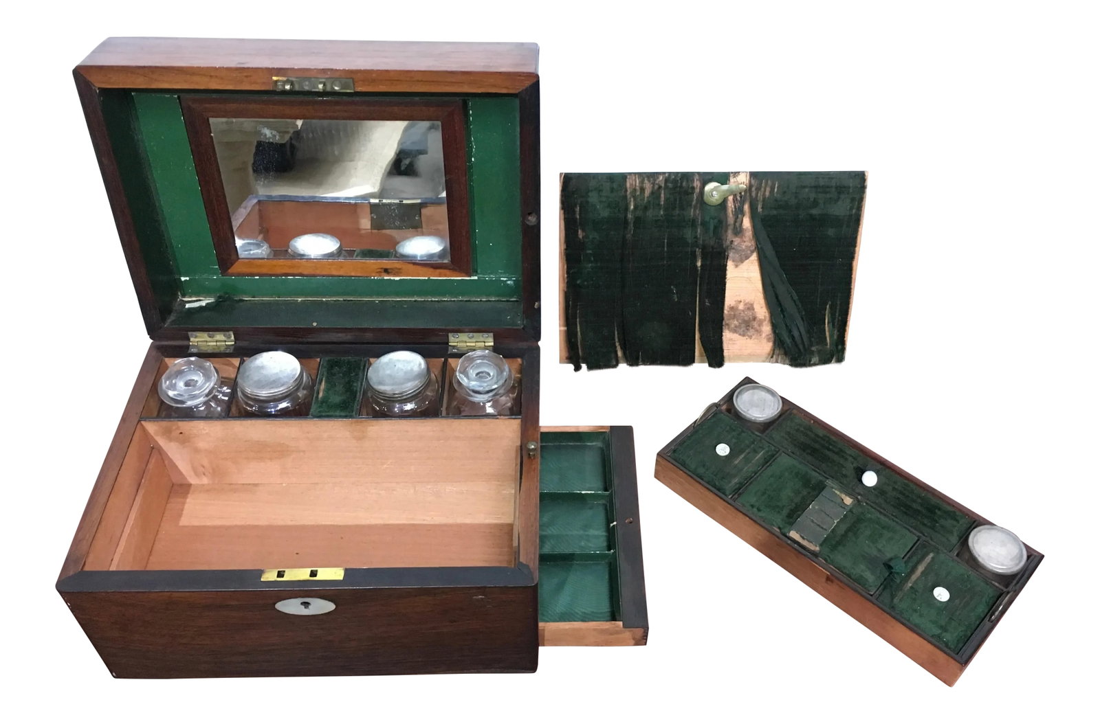 Victorian English Rosewood Gentleman's Dressing Box With Cut Crystal Bottles & Secret Compartment,: A beautifully crafted mid-19th century English gentleman's dressing box, executed in richly figured rosewood and adorned with elegant mother-of-pearl inlay. Combining fine craftsmanship, practical